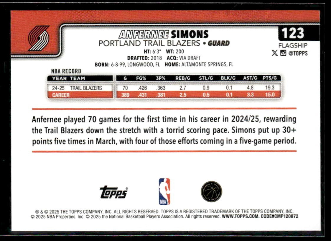 2025-26 Topps #123 Anfernee Simons Sandglitter