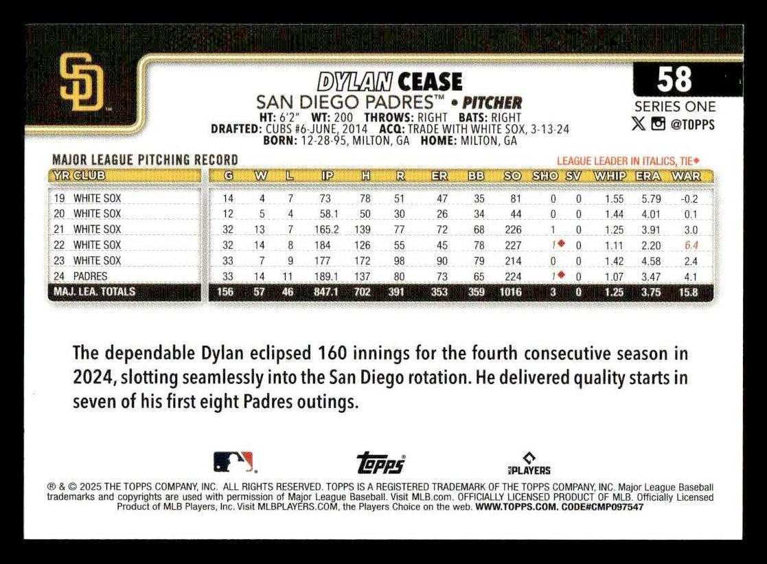 2025 Topps #58 Dylan Cease