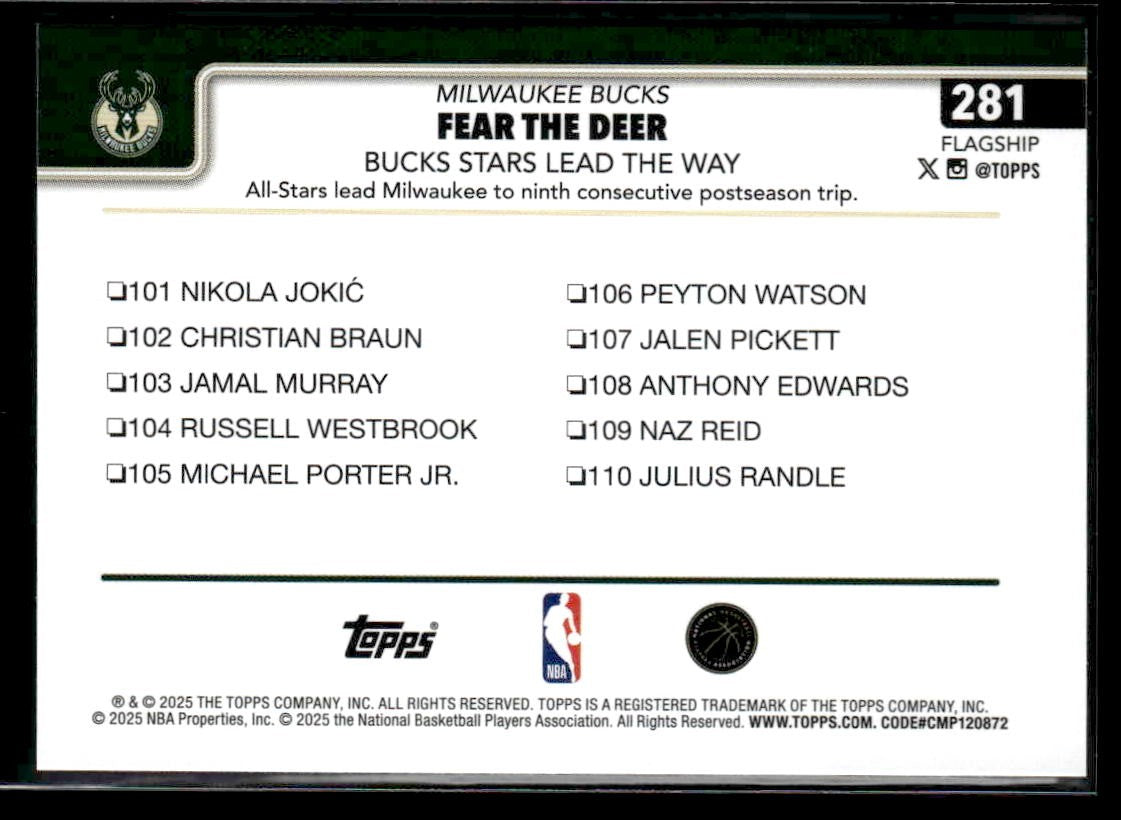 2025-26 Topps #281 Fear the Deer: Bucks Stars Lead the Way