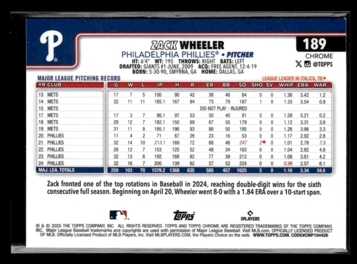2025 Topps Chrome #189 Zack Wheeler Prism Refractors