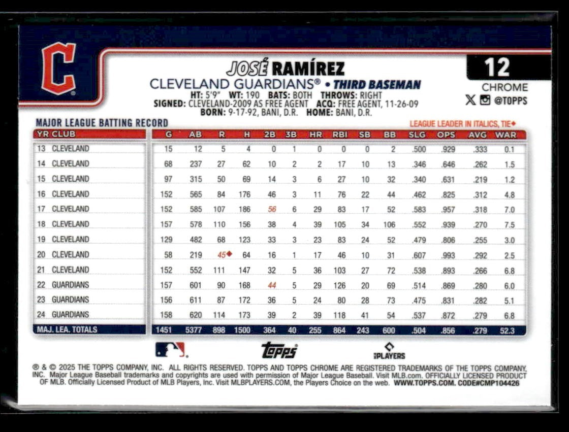 2025 Topps Chrome #12 José Ramírez Prism Refractors