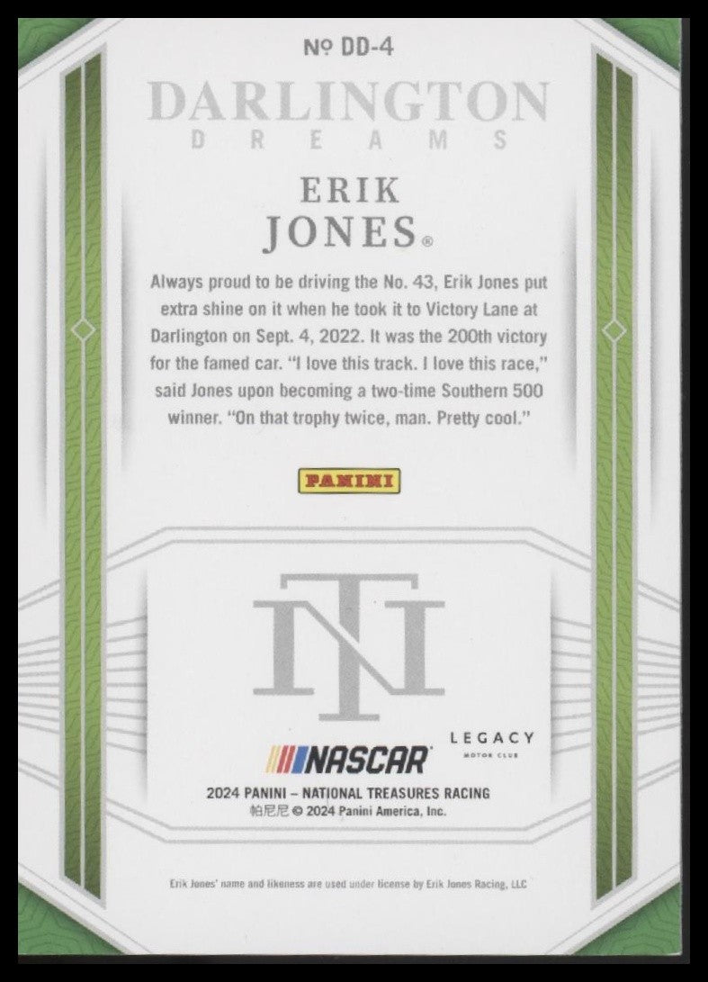 2024 Panini National Treasures #DD-4 Erik Jones Darlington Dreams Green #/5