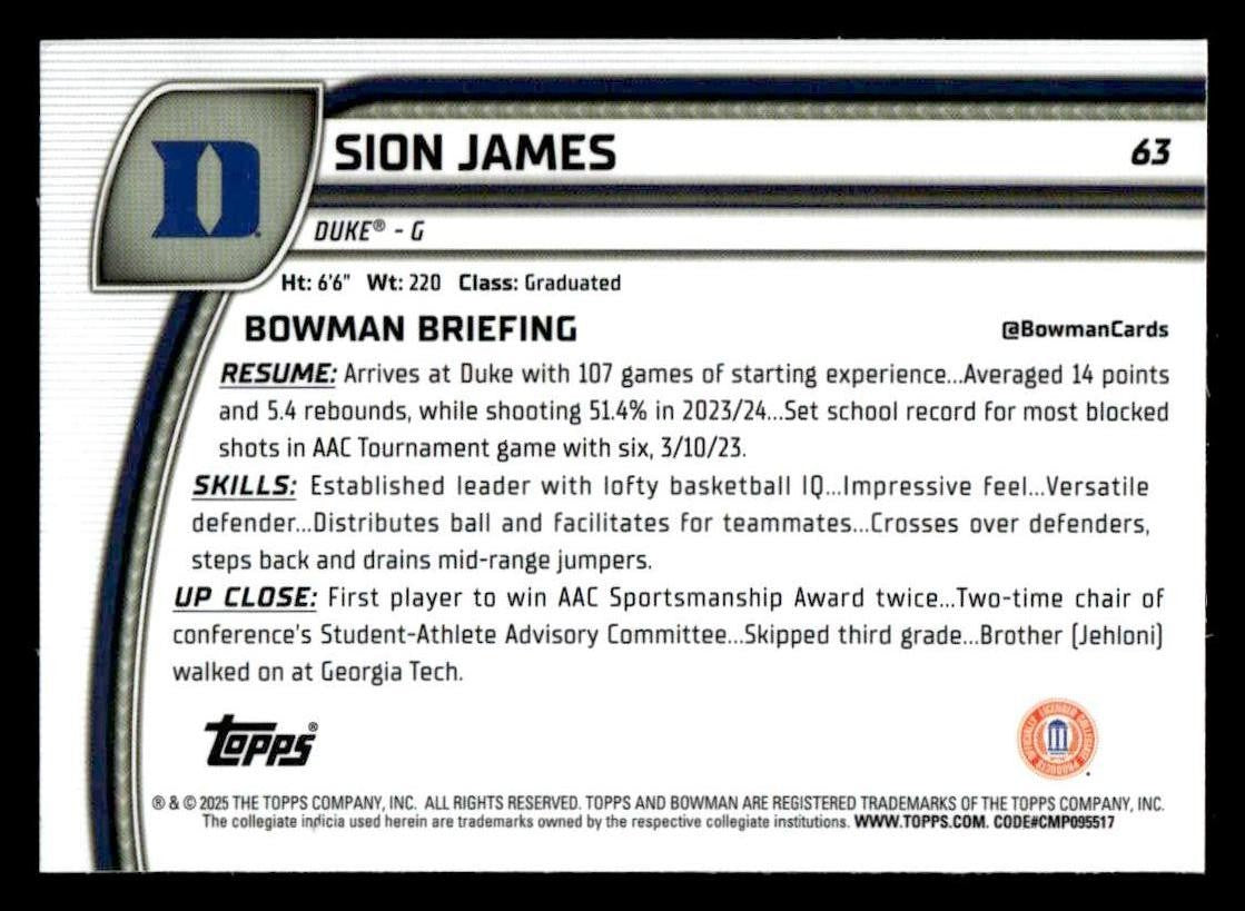 2024-25 Bowman University Chrome #63 Sion James