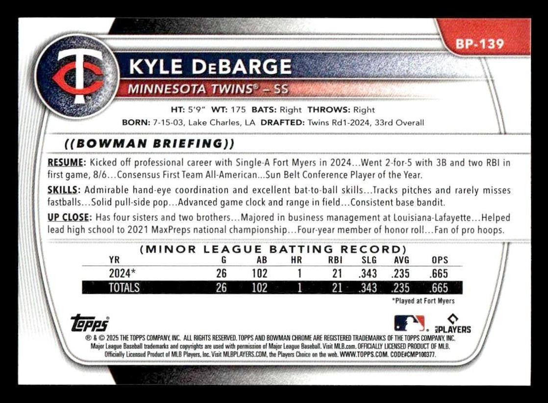 2025 Bowman #BP-139 Kyle DeBarge Prospects