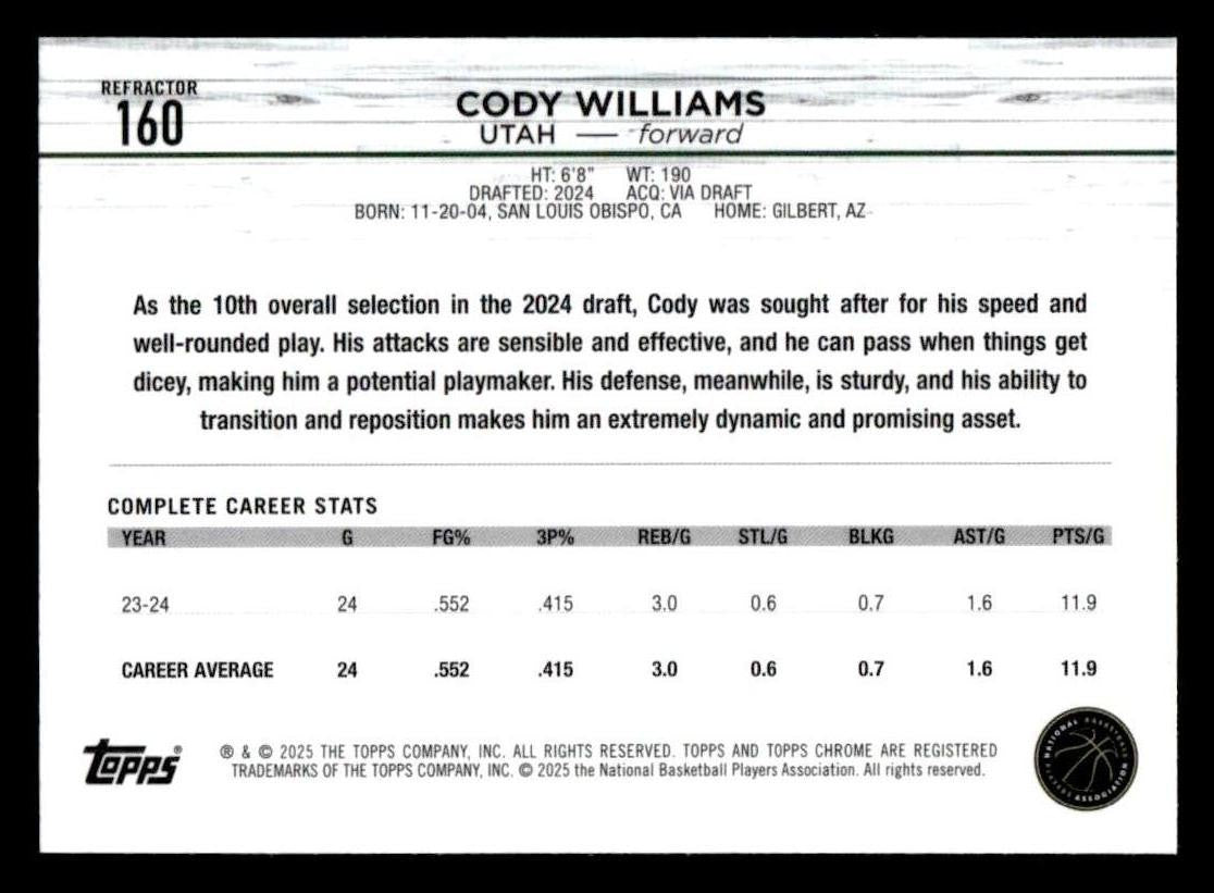 2024-25 Topps Chrome #160 Cody Williams Refractor