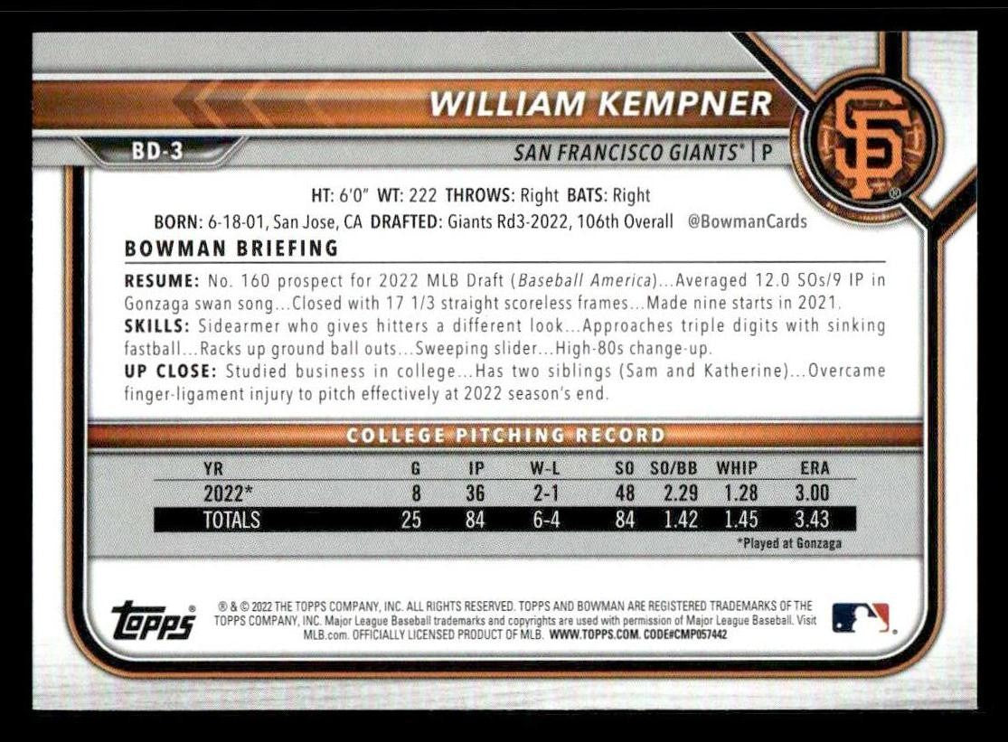2022 Bowman Draft 1st Edition #BD-3 William Kempner