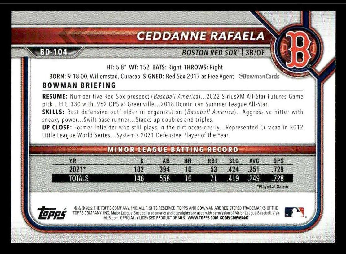 2022 Bowman Draft 1st Edition #BD-104 Ceddanne Rafaela