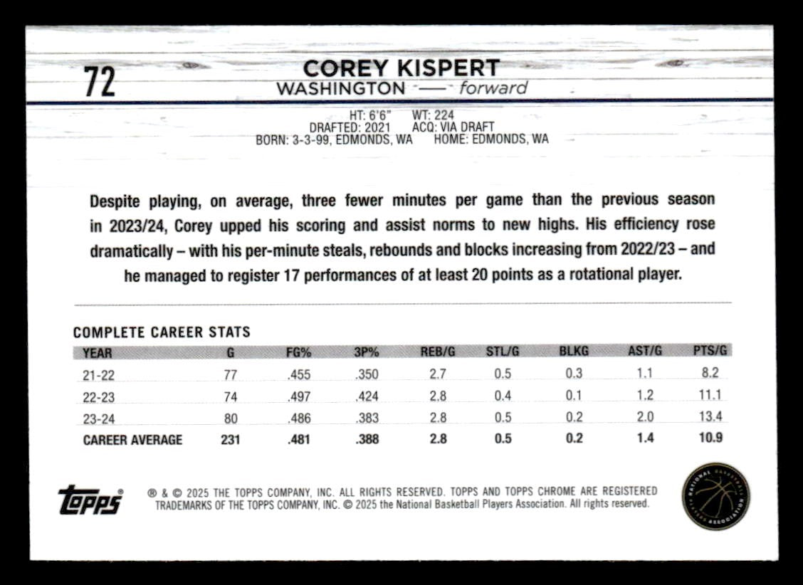 2024-25 Topps Chrome #72 Corey Kispert