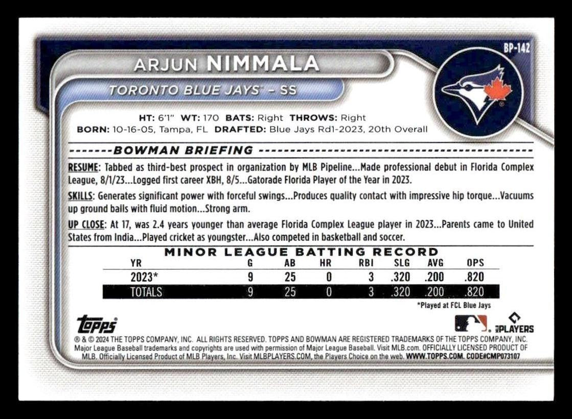 2024 Bowman #BP-142 Arjun Nimmala Prospects
