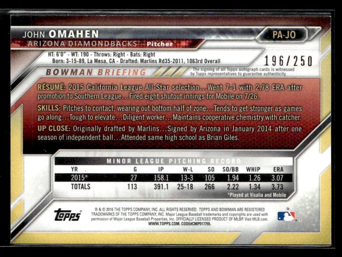 2016 Bowman #PA-JO John Omahen Paper Prospect Autographs Purple #/250
