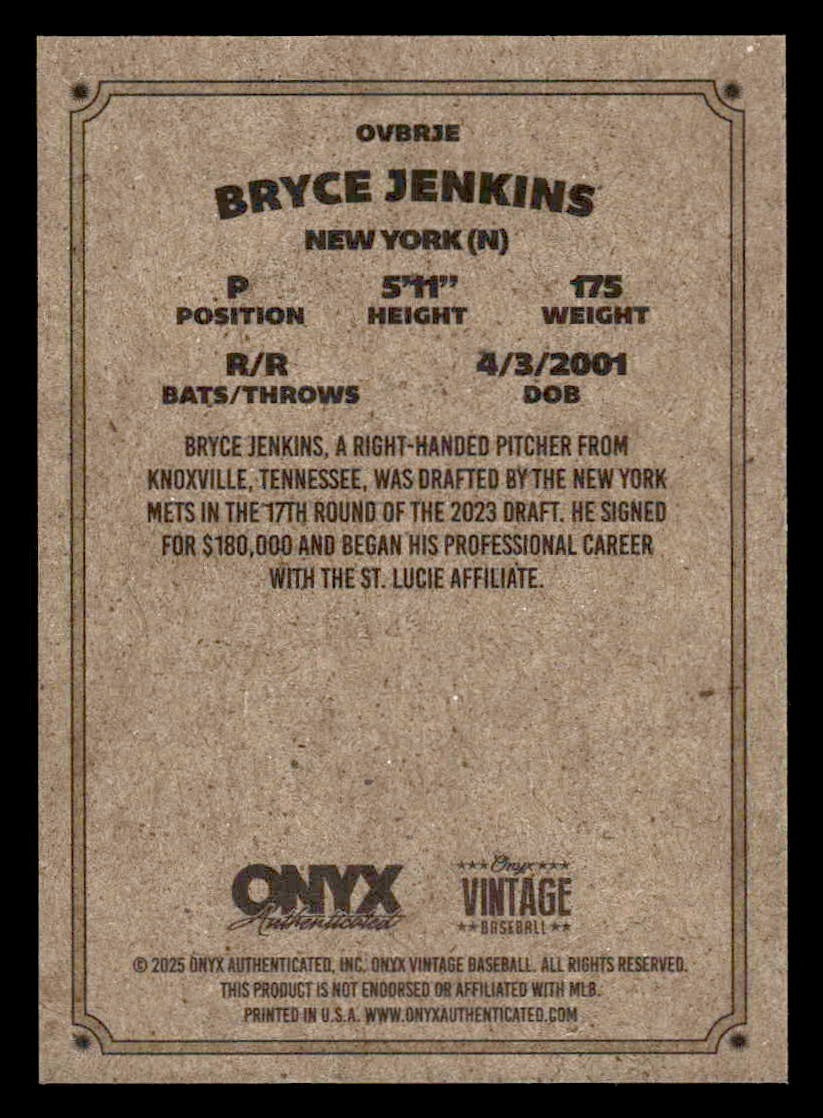 2025 Onyx Vintage #OVBRJE Bryce Jenkins