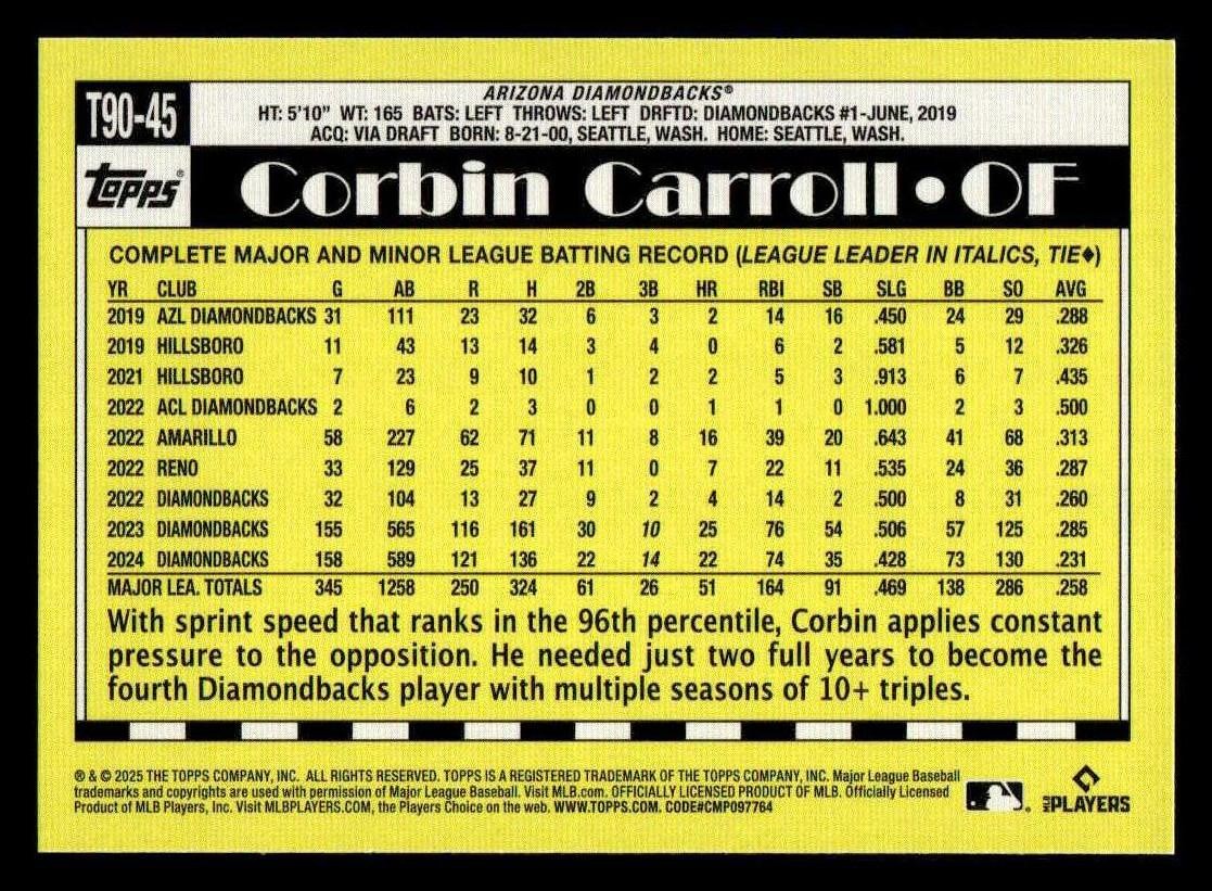 2025 Topps #T90-45 Corbin Carroll 1990 Topps Baseball 35th Anniversary