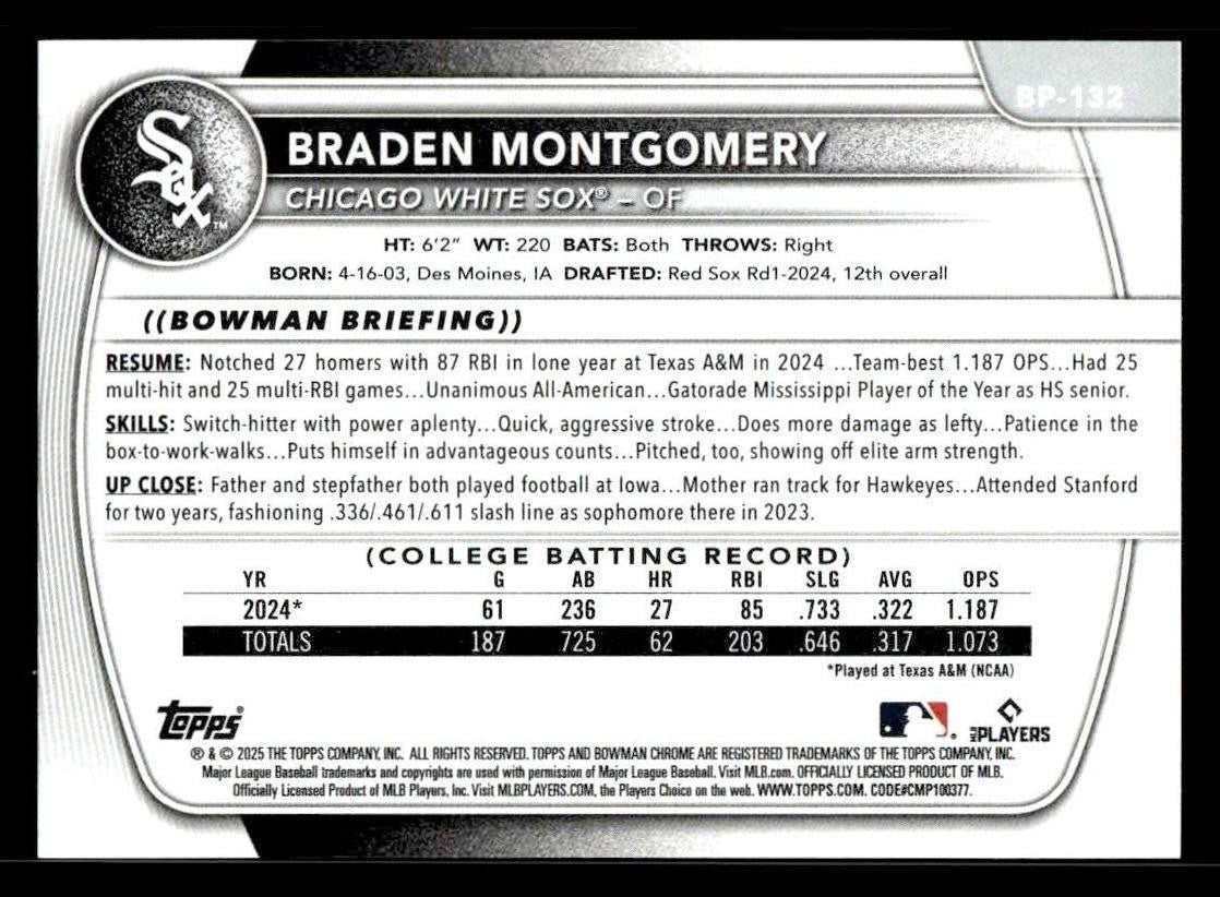 2025 Bowman #BP-132 Braden Montgomery Prospects