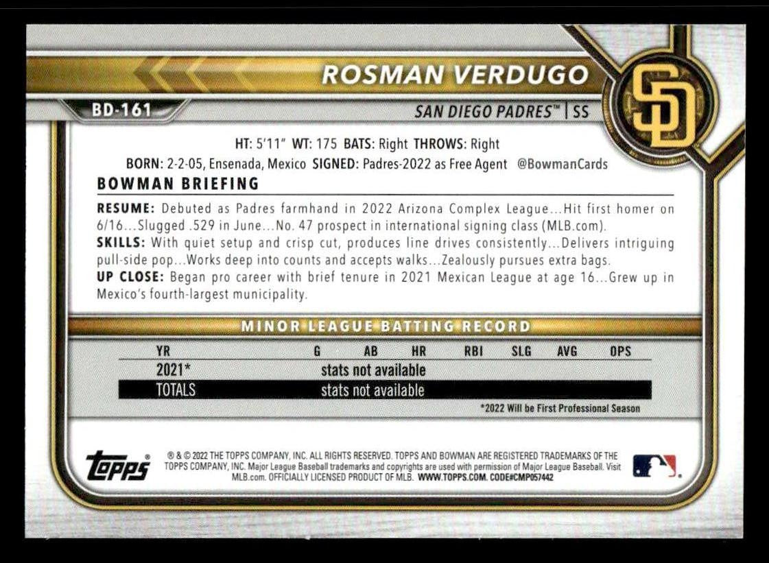 2022 Bowman Draft 1st Edition #BD-161 Rosman Verdugo Blue Foil 035/150
