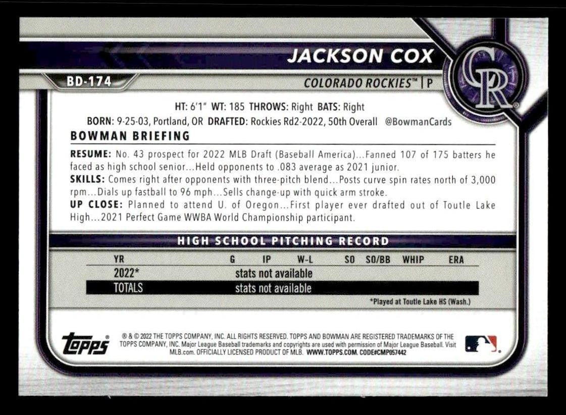 2022 Bowman Draft 1st Edition #BD-174 Jackson Cox