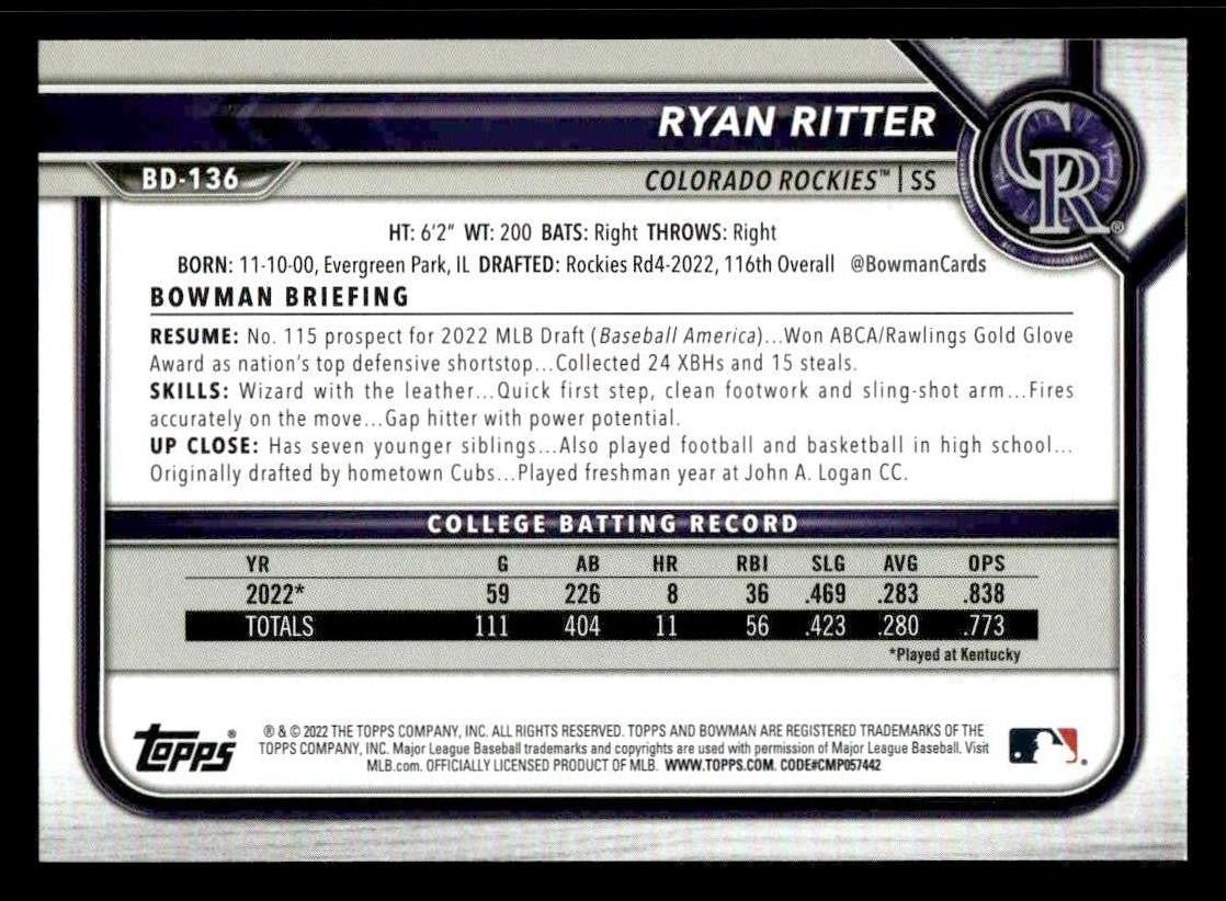 2022 Bowman Draft 1st Edition #BD-136 Ryan Ritter