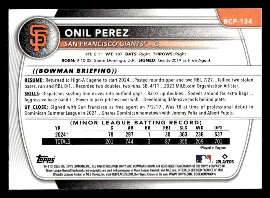 2025 Bowman #BCP-134 Onil Perez Chrome Prospects