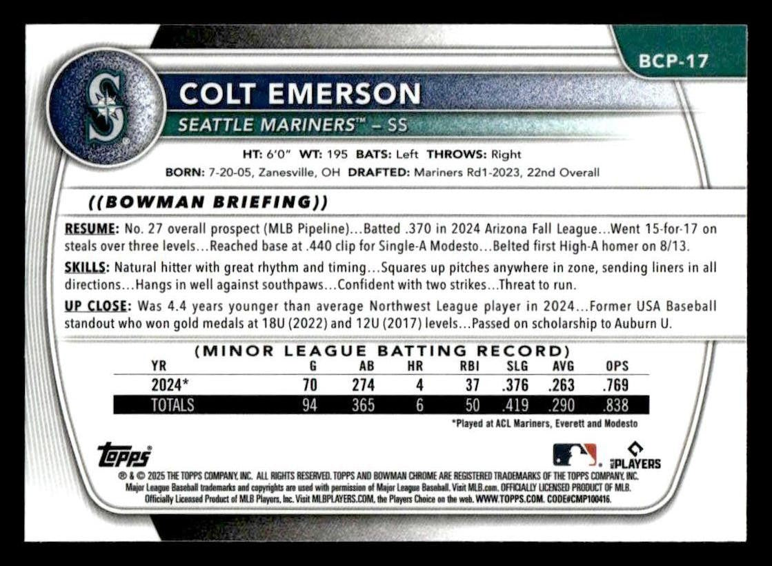 2025 Bowman #BCP-17 Colt Emerson Chrome Prospects
