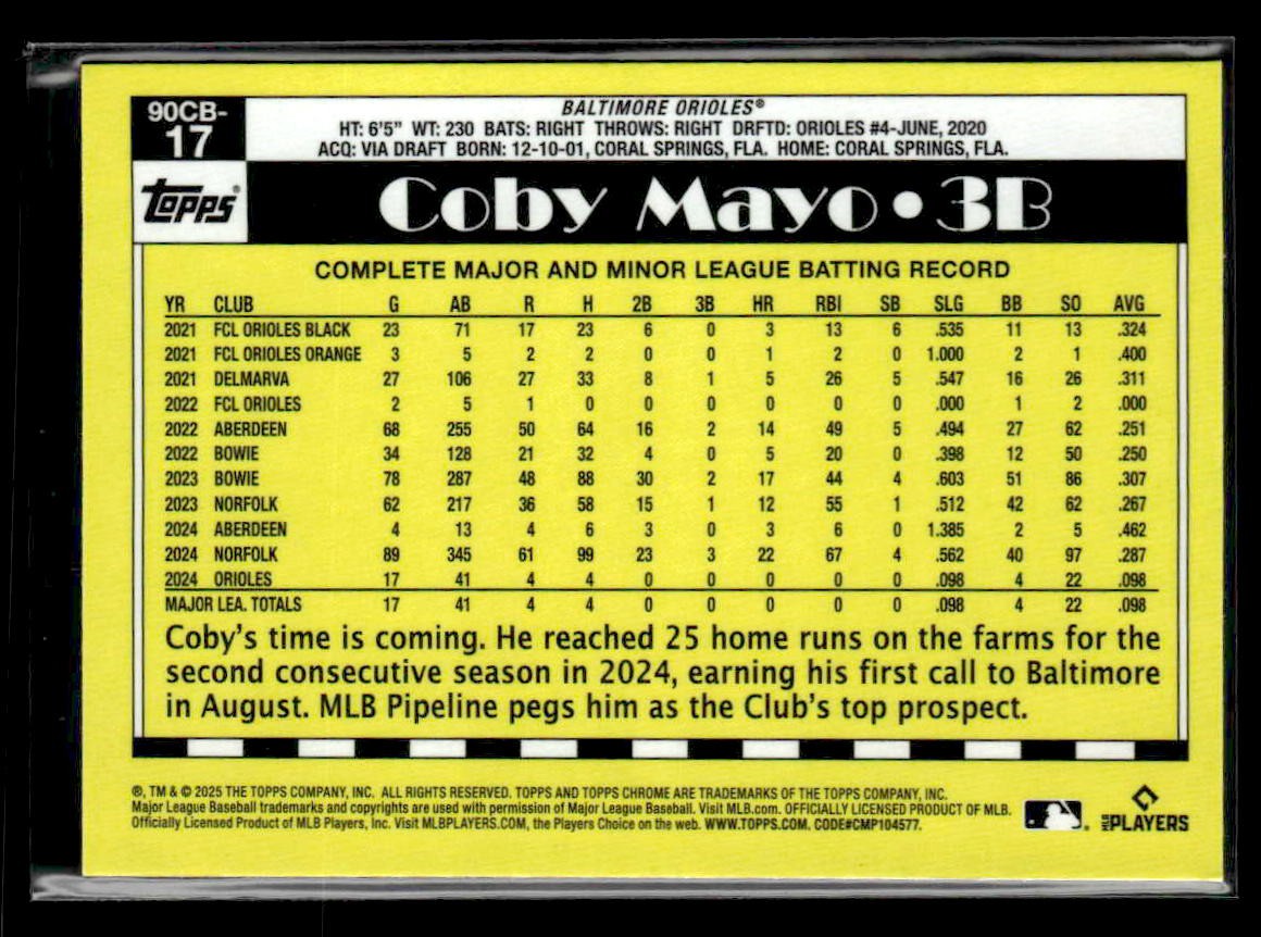 2025 Topps Chrome #90CB-17 Coby Mayo 1990 Topps Baseball 35th Anniversary