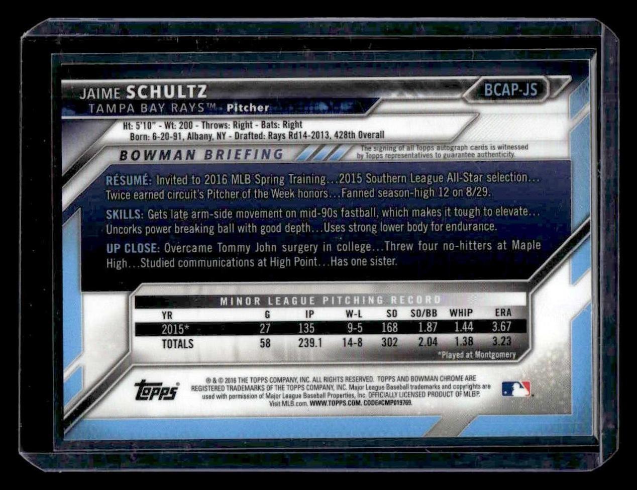 2016 Bowman Chrome #BCAP-JS Jaime Schultz Prospects Autographs