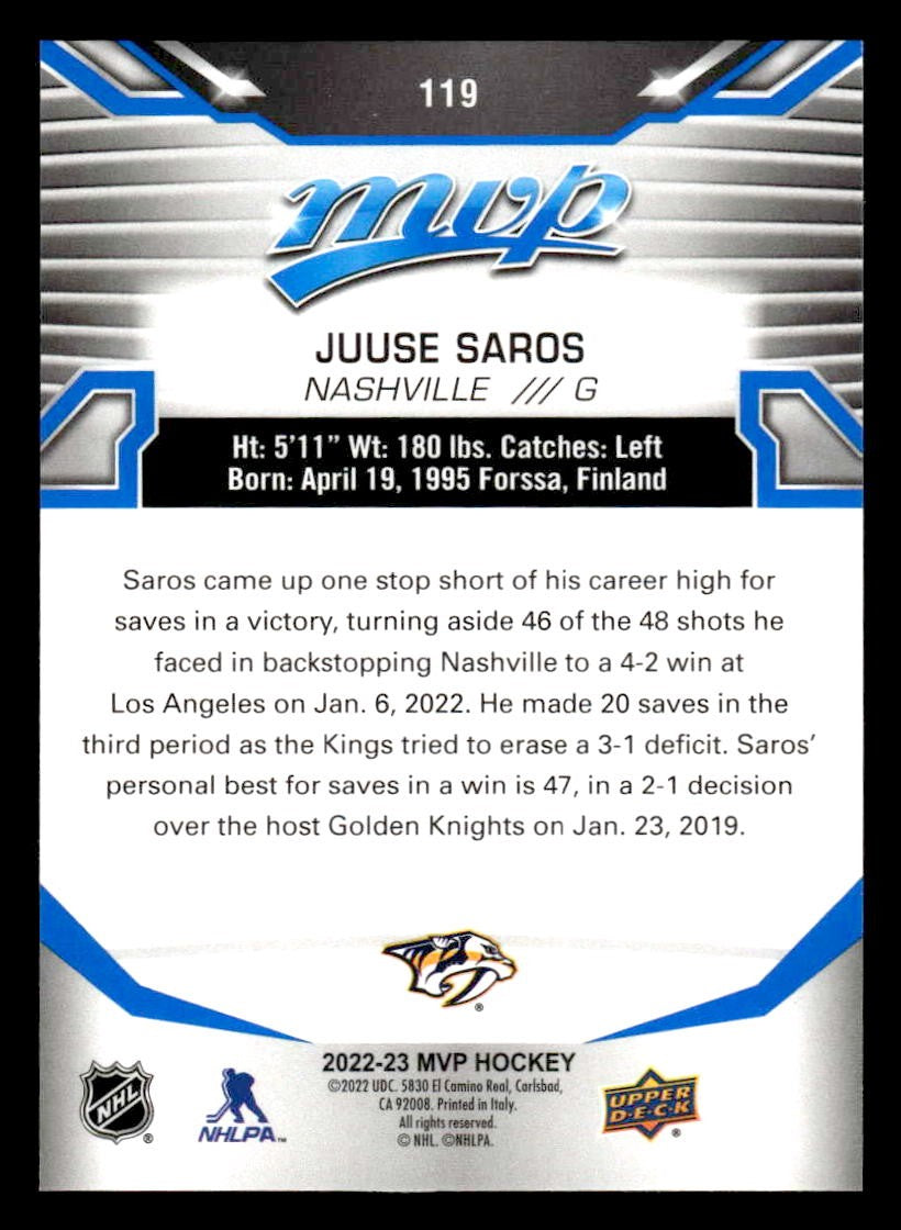 2022-23 Upper Deck MVP #119 Juuse Saros Blue Script