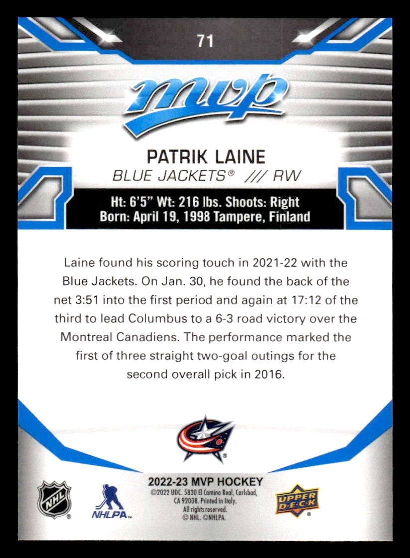 2022-23 Upper Deck MVP #71 Patrik Laine Blue Script