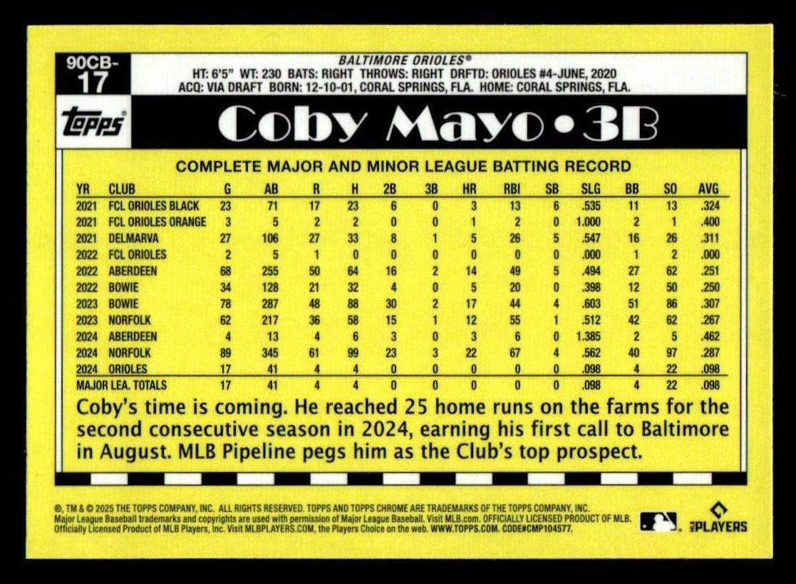 2025 Topps Chrome #90CB-17 Coby Mayo 1990 Topps Baseball 35th Anniversary