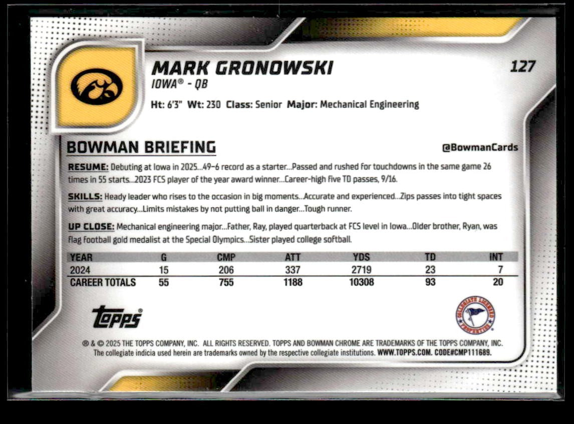 2025 Bowman University Chrome #127 Mark Gronowski