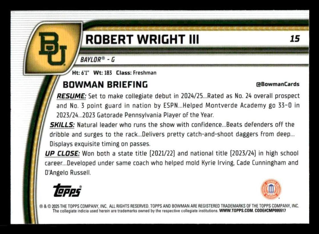 2024-25 Bowman University Chrome #15 Robert Wright III