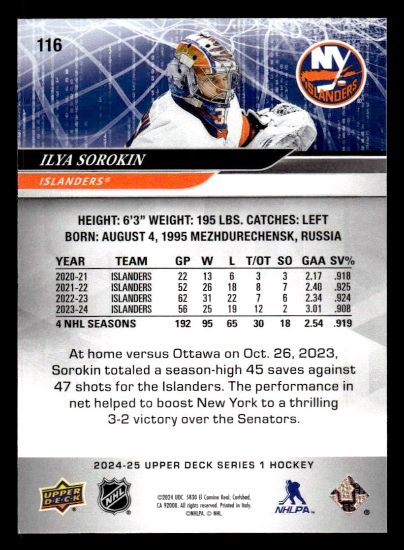 2024-25 Upper Deck #116 Ilya Sorokin
