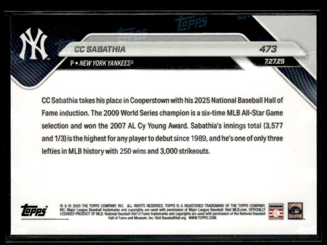 2025 Topps Now #473 CC Sabathia 2025 Hall of Fame Inductee
