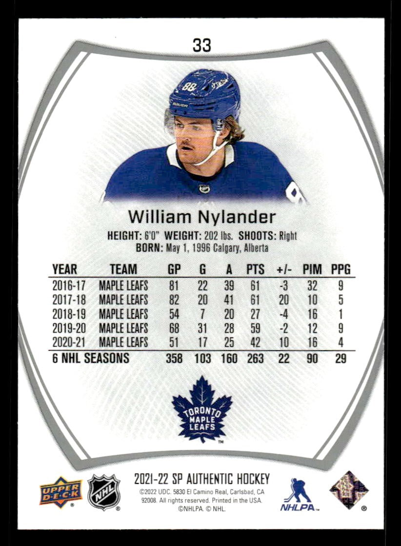 2021-22 SP Authentic #33 William Nylander