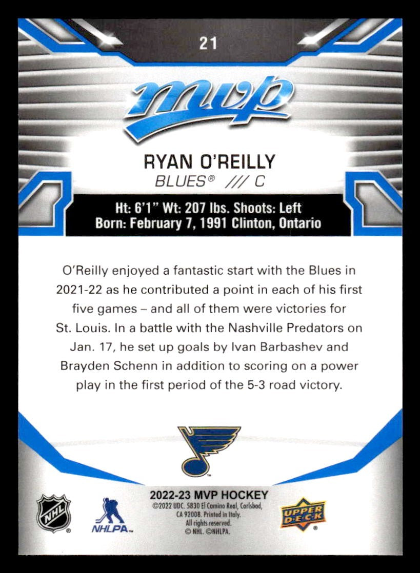 2022-23 Upper Deck MVP #21 Ryan O'Reilly Blue Script