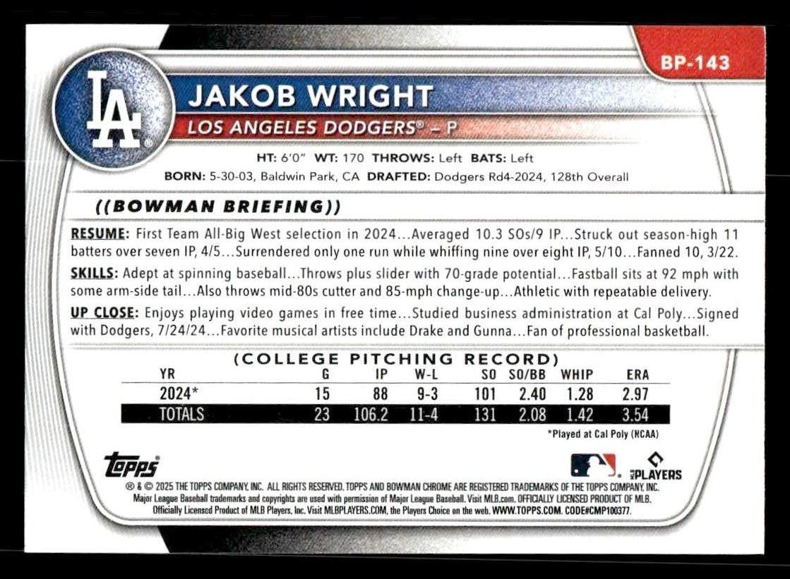 2025 Bowman #BP-143 Jakob Wright Prospects