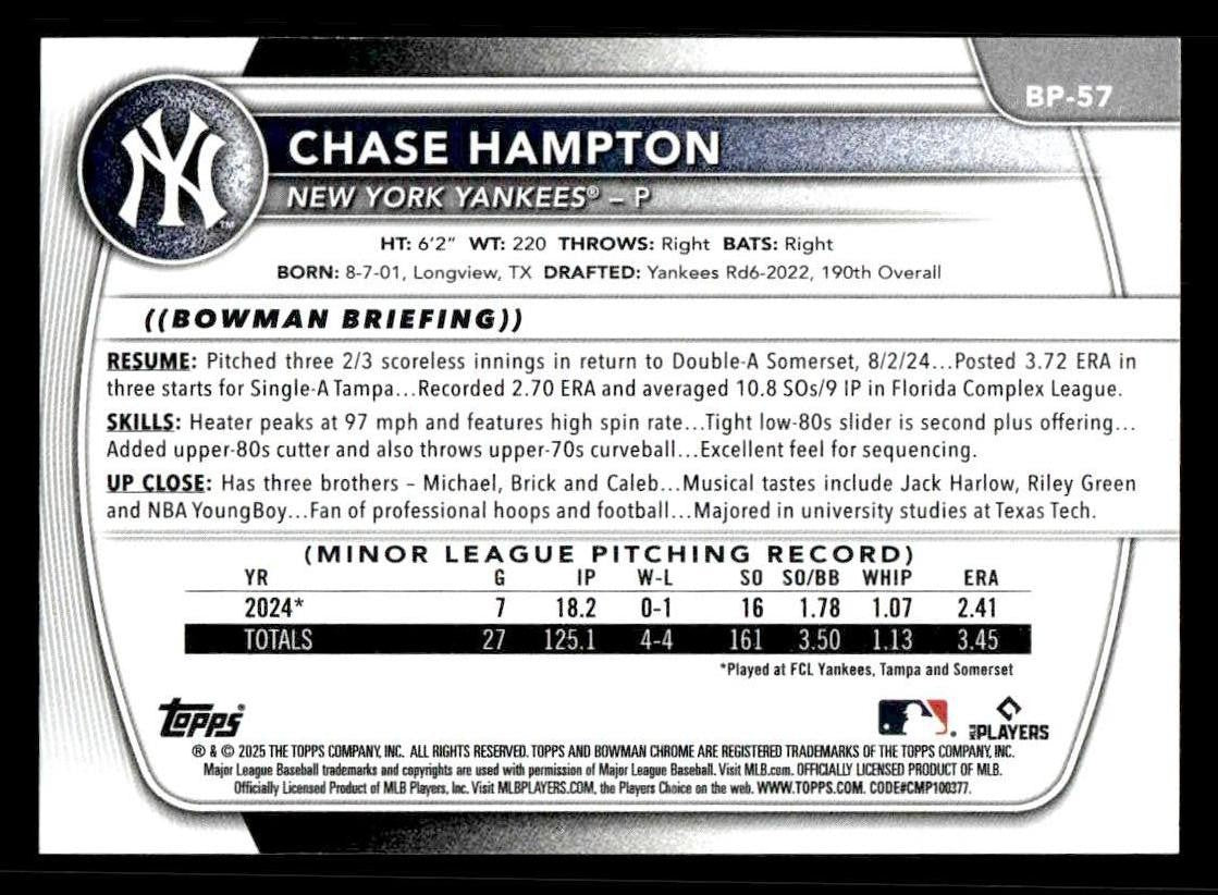 2025 Bowman #BP-57 Chase Hampton Prospects