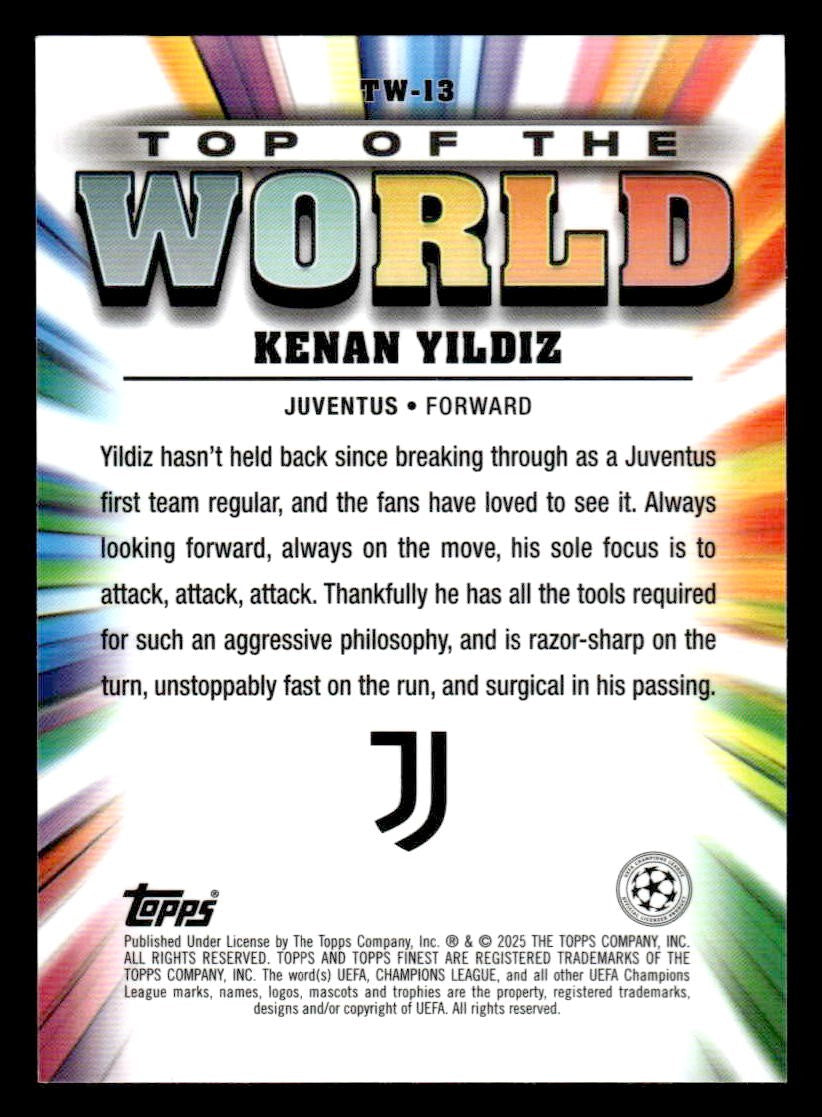2024-25 Finest UEFA Club #TW-13 Kenan Yildiz Top World - Blue Refr #141/150