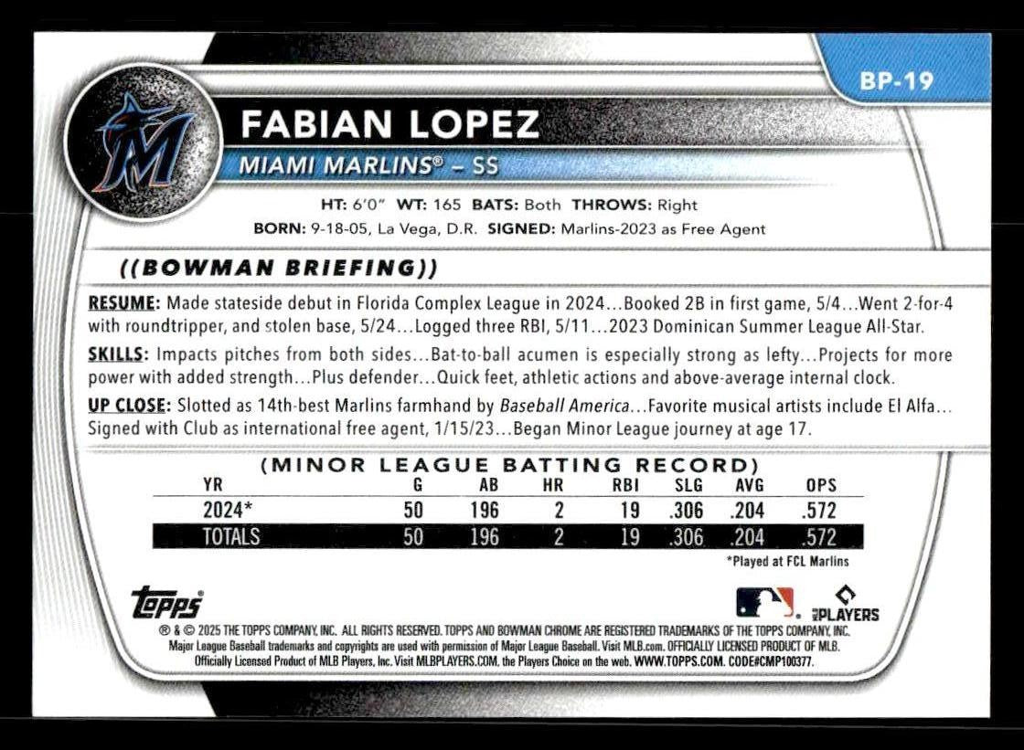 2025 Bowman #BP-19 Fabian Lopez Prospects