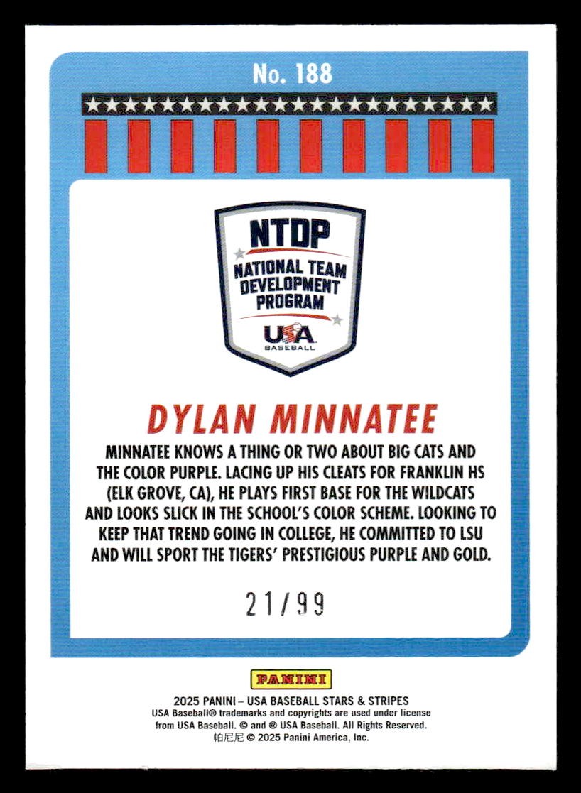 2025 Panini Stars and Stripes USA Baseball #188 Dylan Minnatee Purple #/99