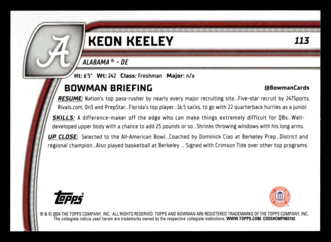 2024 Bowman U Chrome #113 Keon Keeley Fuchsia Mini-Diamond Refractor #/125