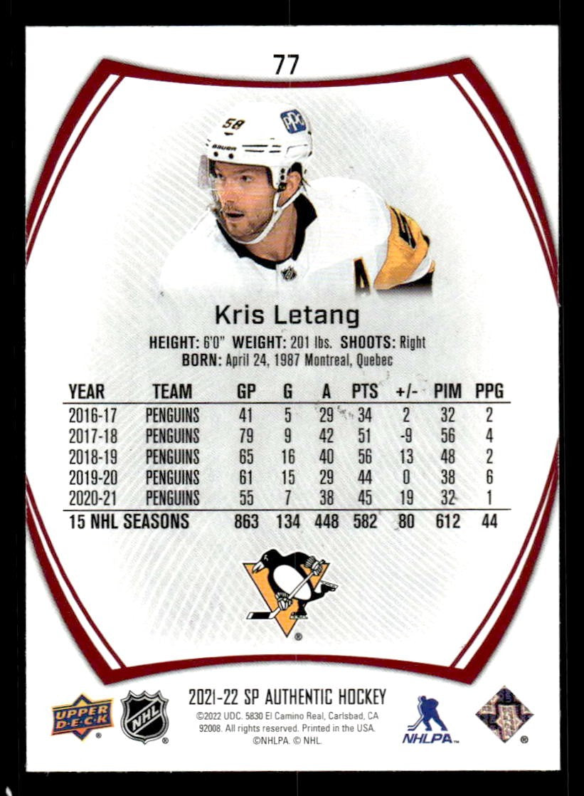 2021-22 SP Authentic #77 Kris Letang Limited Red