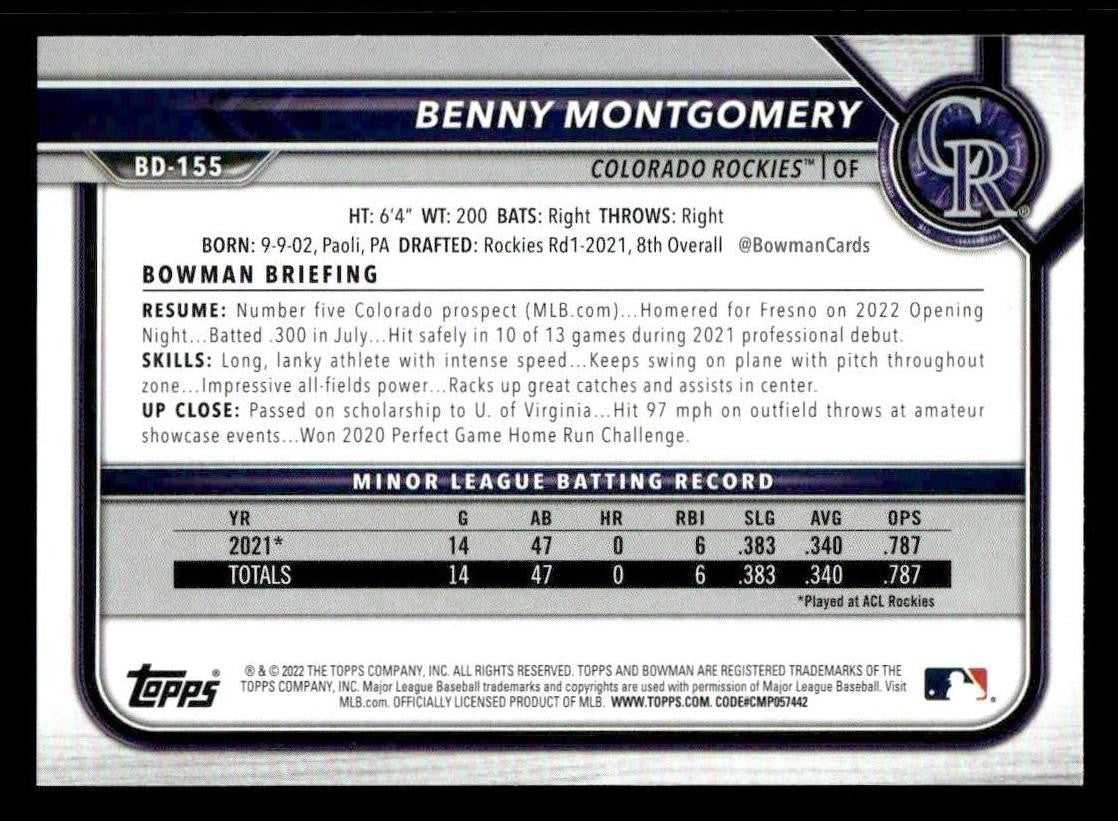 2022 Bowman Draft 1st Edition #BD-155 Benny Montgomery