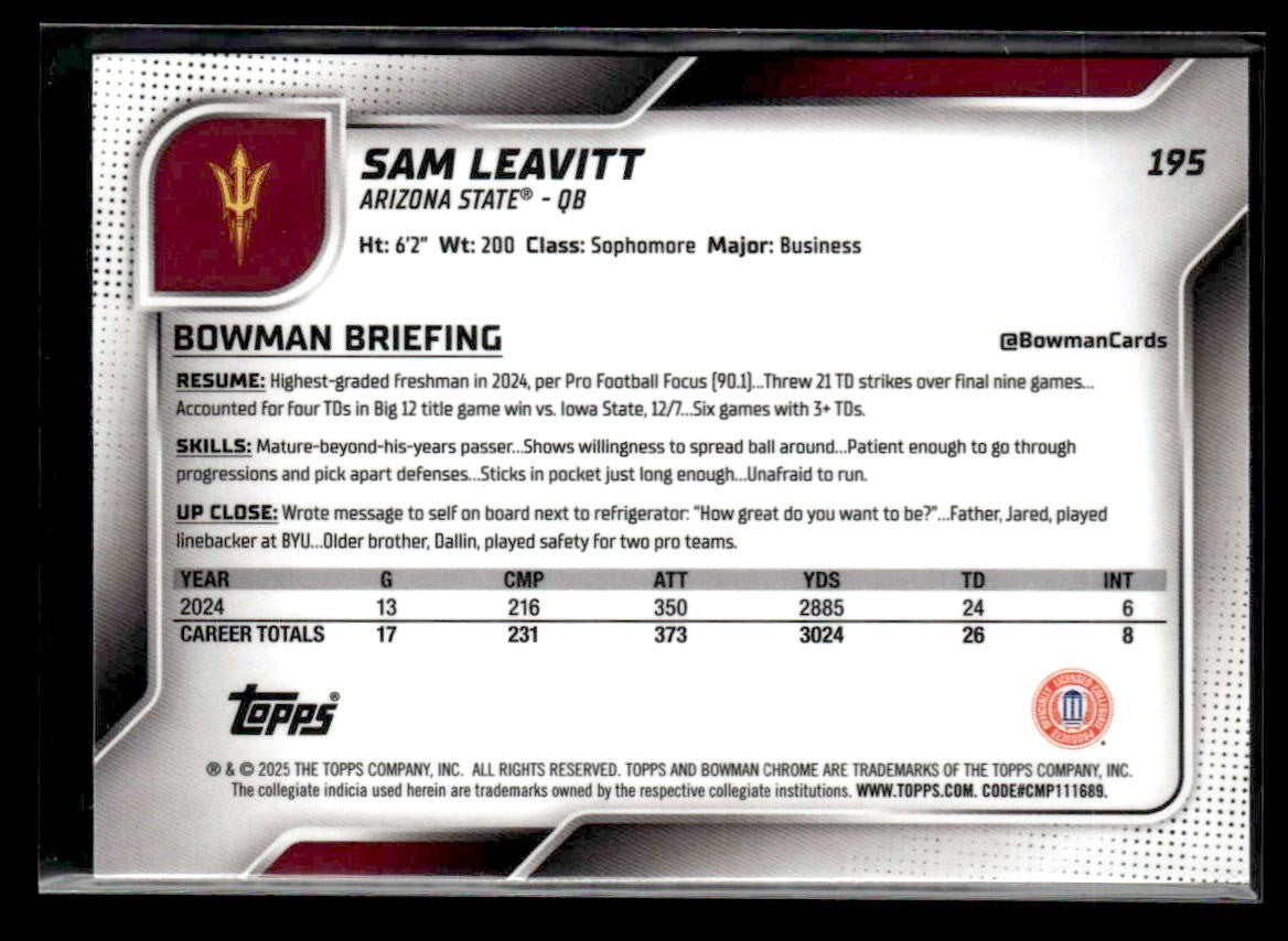 2025 Bowman University Chrome #195 Sam Leavitt
