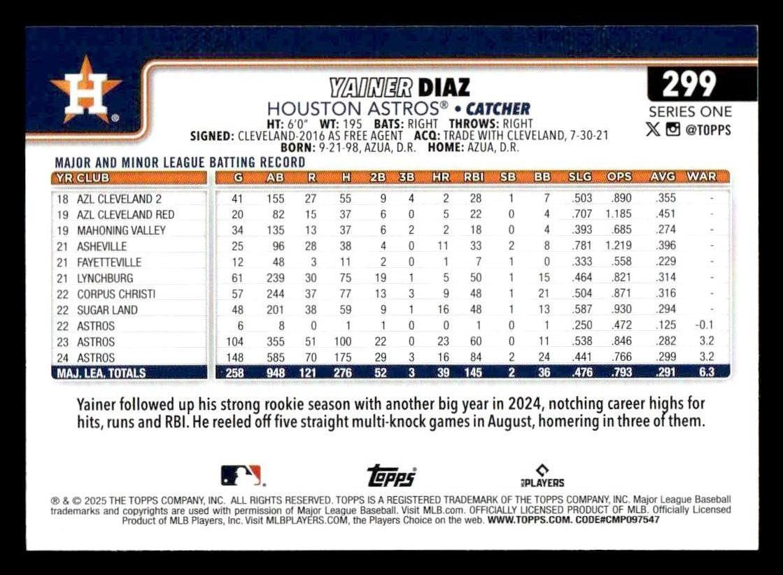 2025 Topps #299 Yainer Diaz