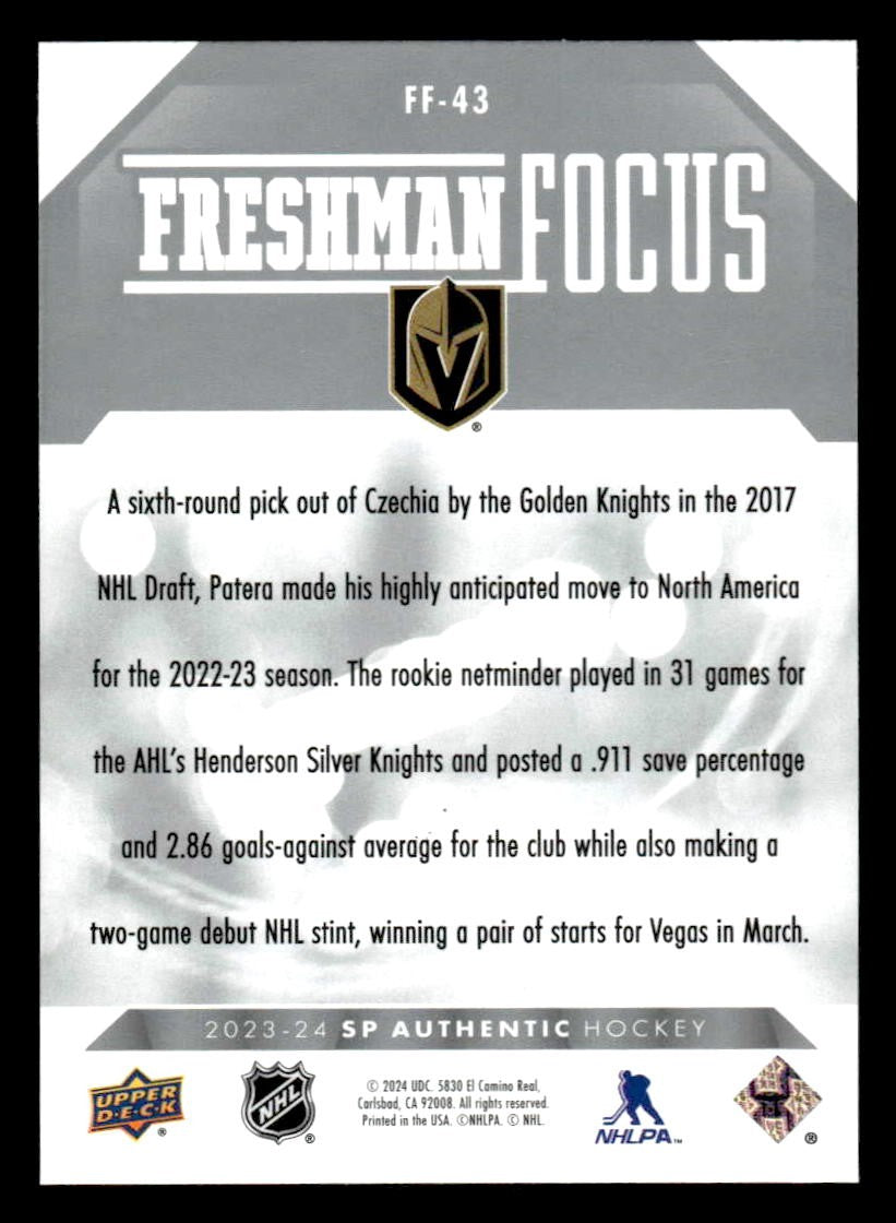 2023-24 SP Authentic #FF-43 Jiri Patera Freshman Focus