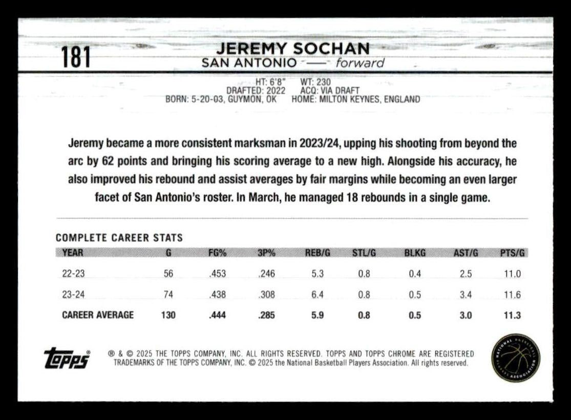2024-25 Topps Chrome #181 Jeremy Sochan