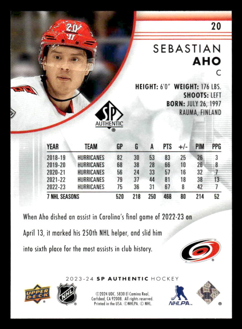 2023-24 SP Authentic #20 Sebastian Aho