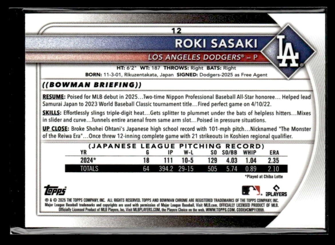 2025 Bowman #12 Roki Sasaki Bowman Chrome Red Rookie Logo