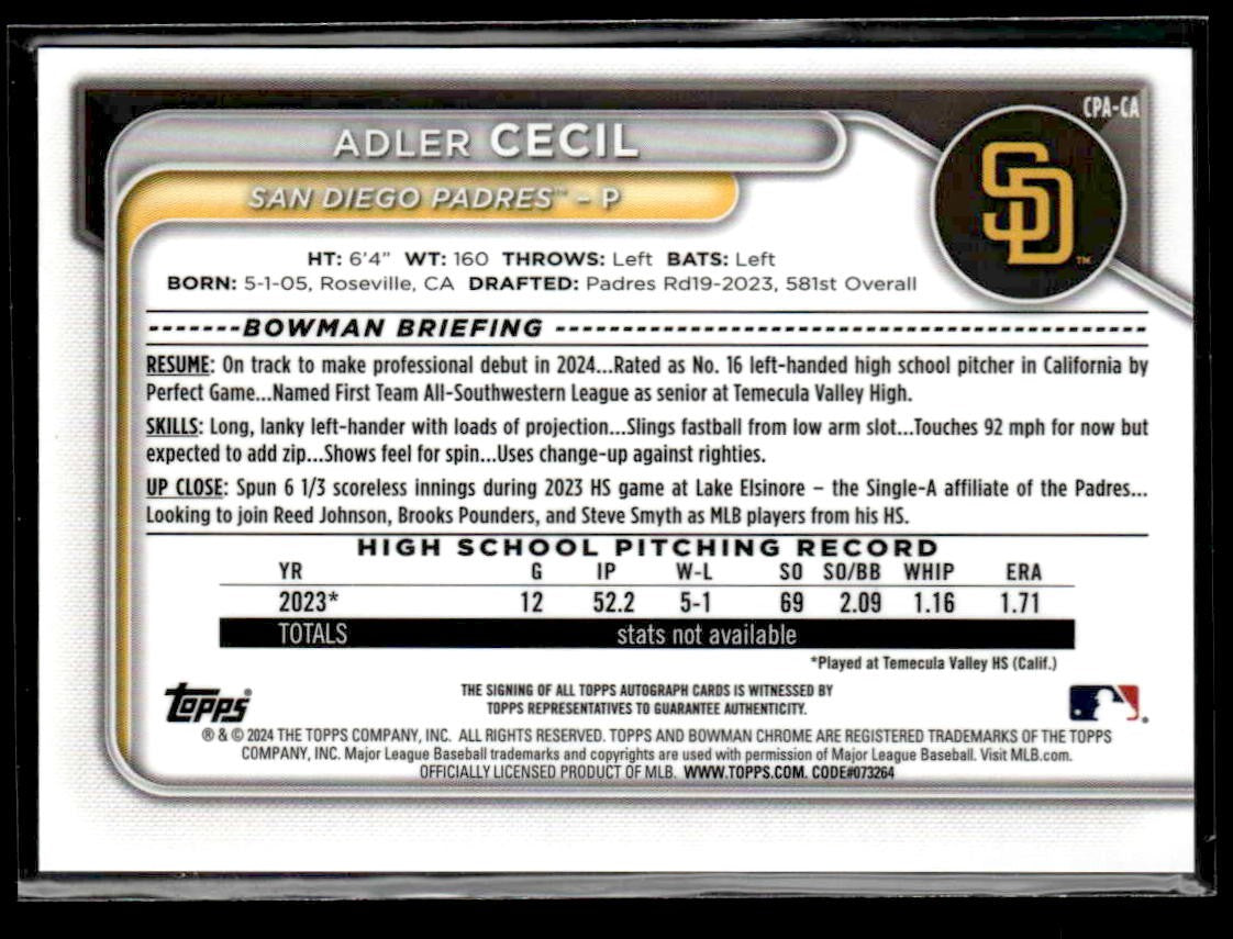 2024 Bowman Chrome #CPA-CA Adler Cecil Prospects Autographs