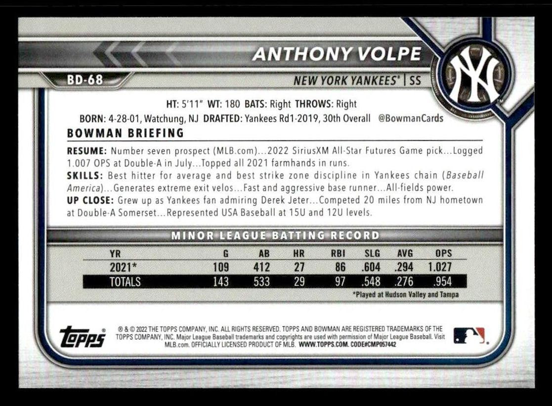 2022 Bowman Draft 1st Edition #BD-68 Anthony Volpe
