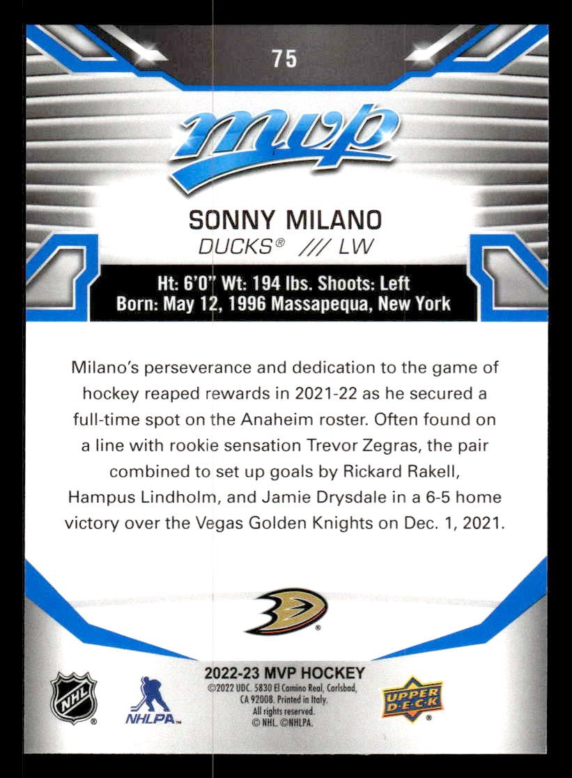 2022-23 Upper Deck MVP #75 Sonny Milano Blue Script